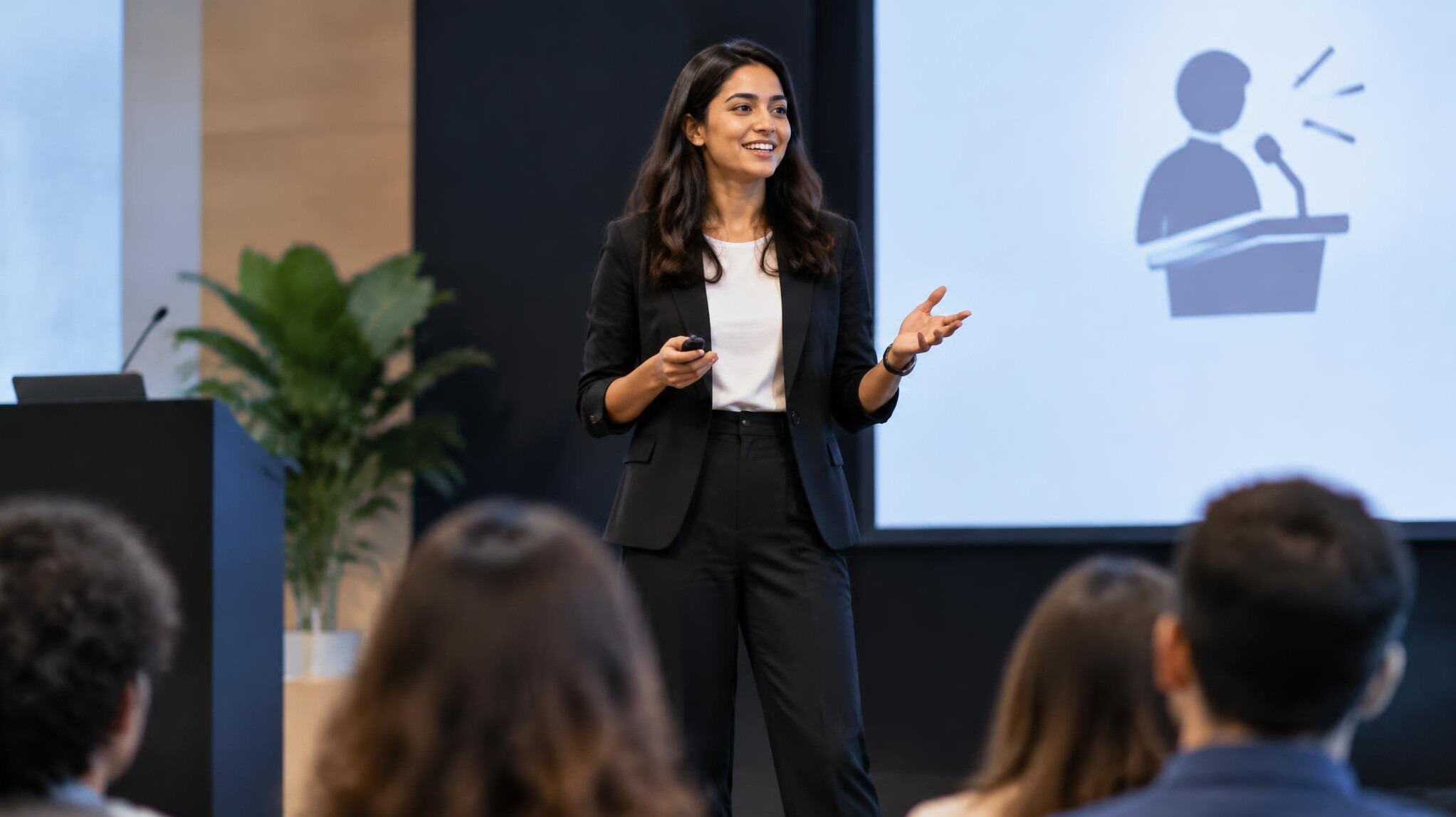 confident speaker on stage