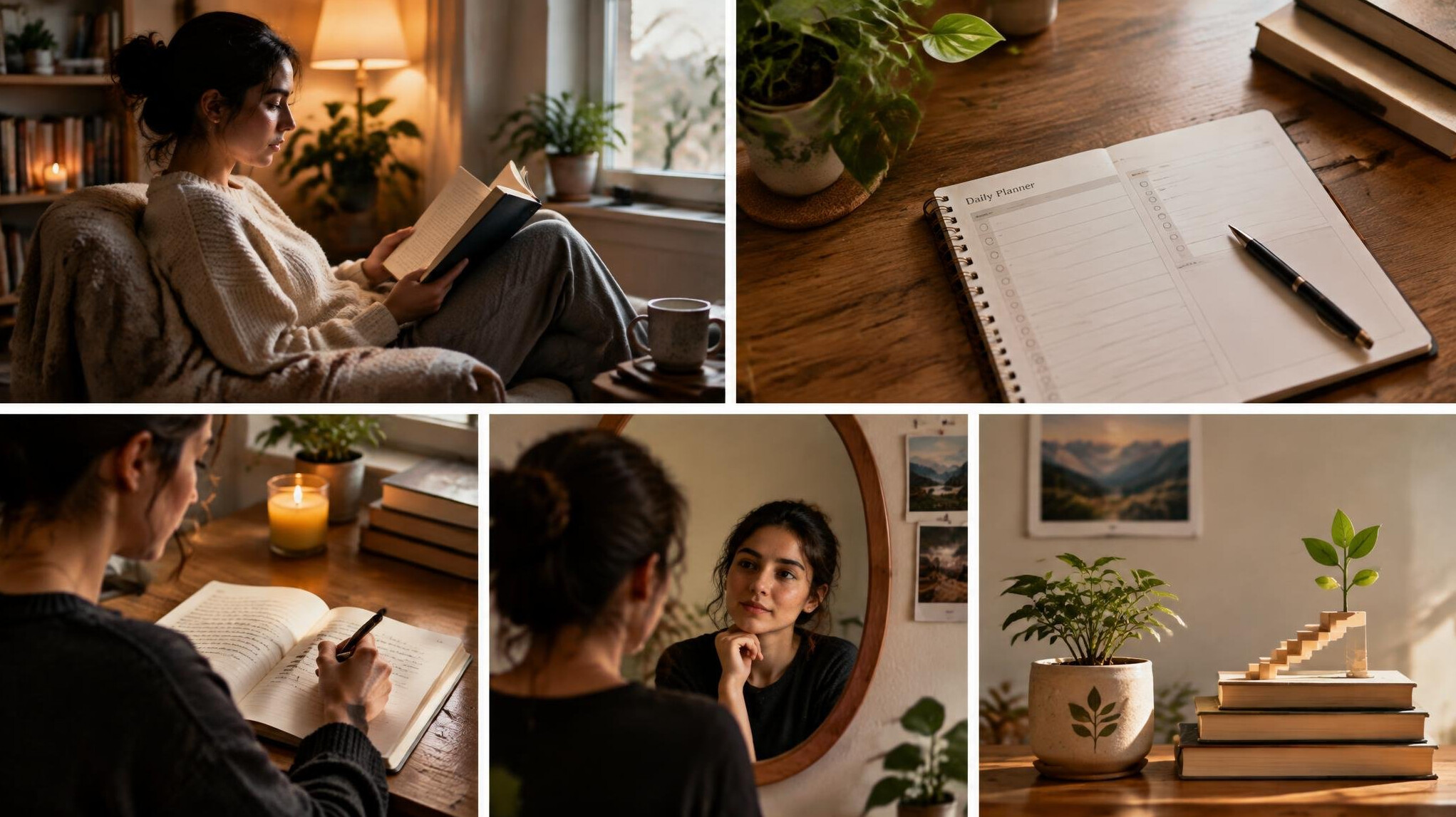 person reading book in quiet room