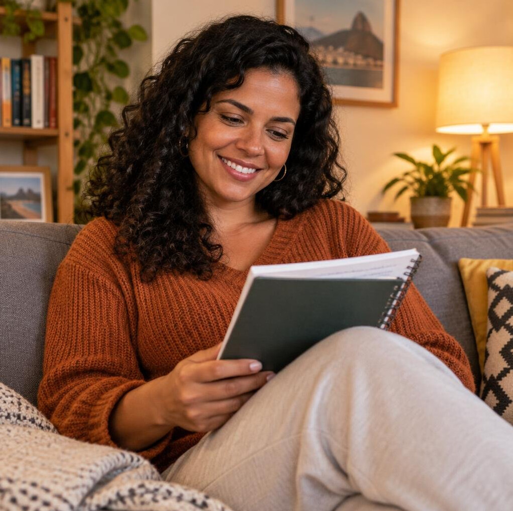 Mulher sorrindo enquanto lê algo em um caderno