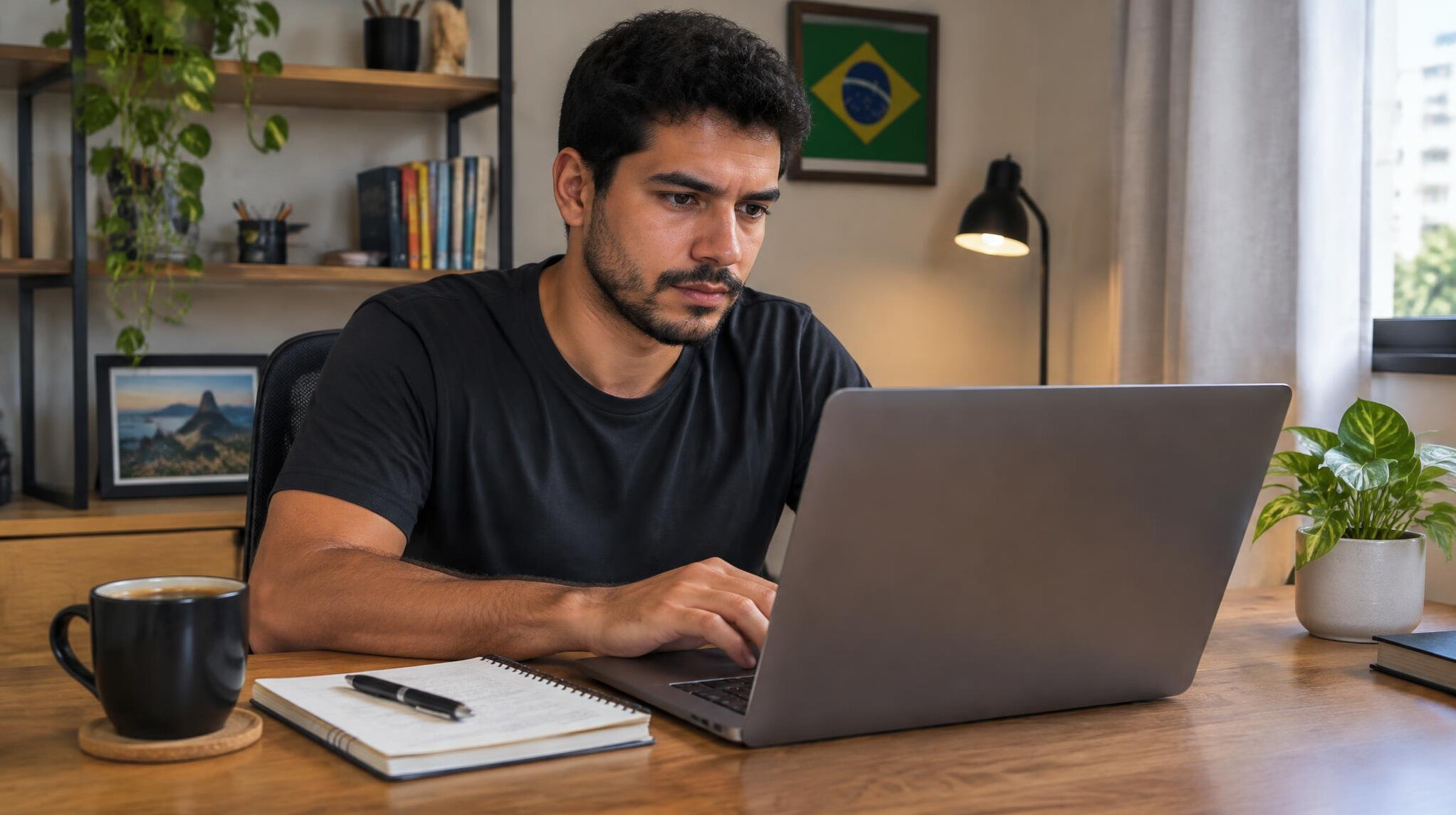 Pessoa usando um notebook em uma mesa de madeira