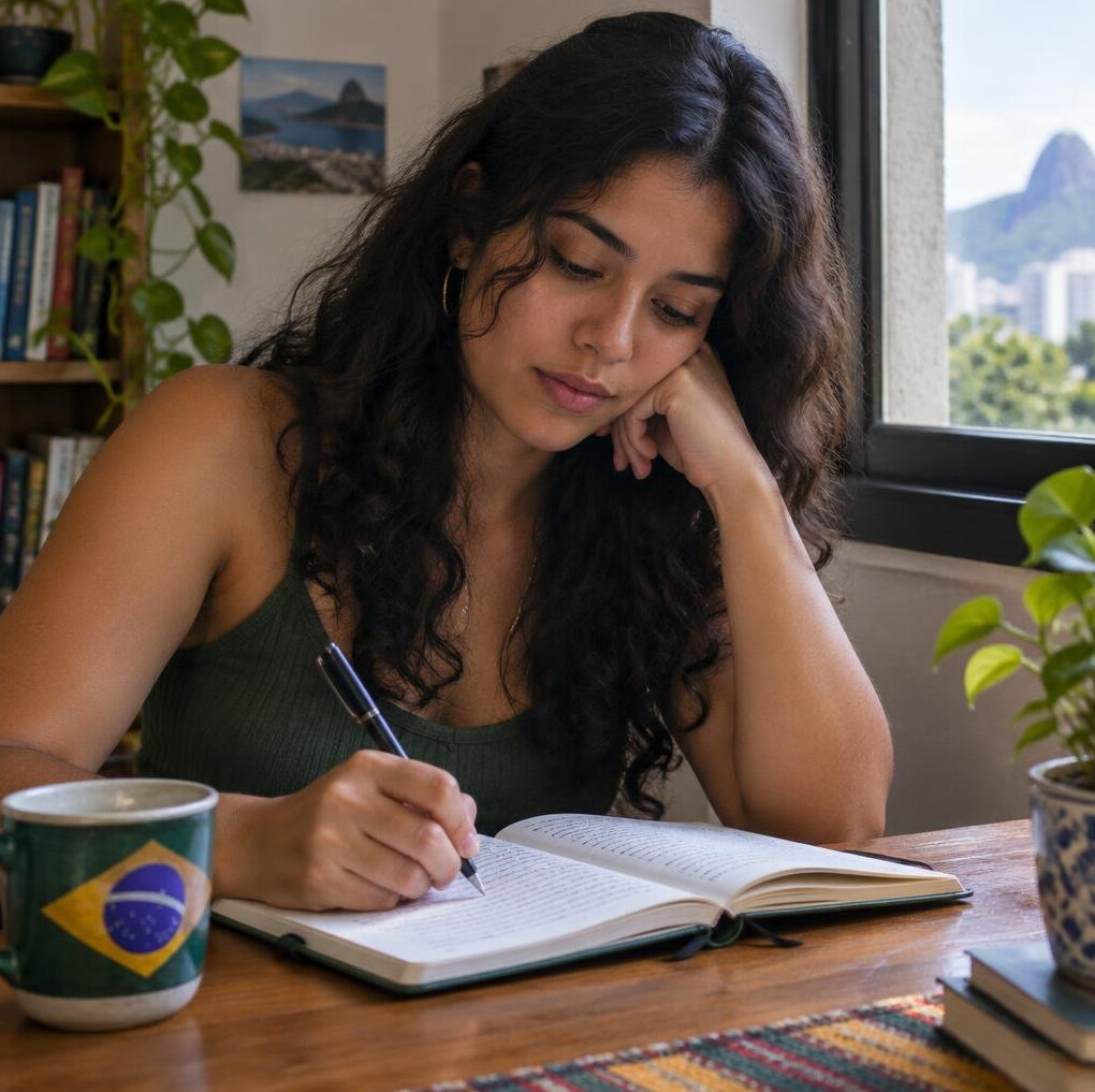 Mulher escrevendo em um caderno de anotações pessoais